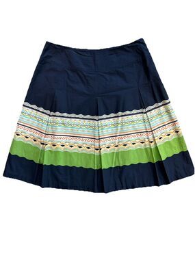 Talbots Navy Blue Geo Border Print A-Line Skirt Size 12 Preppy Coastal Aesthetic